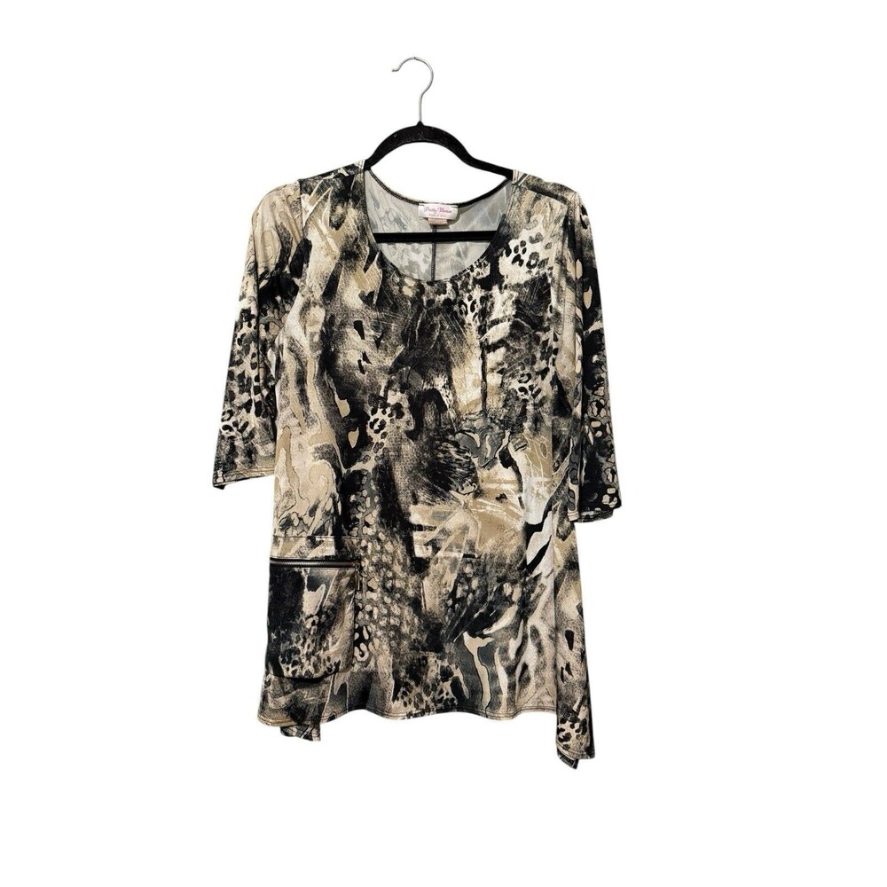 Pretty Woman Animal Print Tunic Top Neutral Abstract Zip Pocket Made In USA